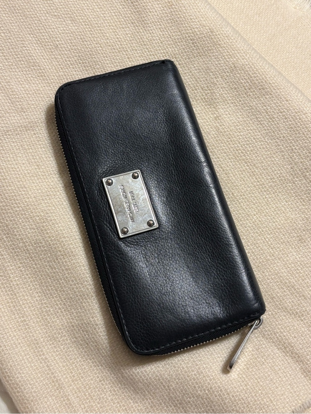 Michael Kors Black Leather Zip Wallet with Metal Plate